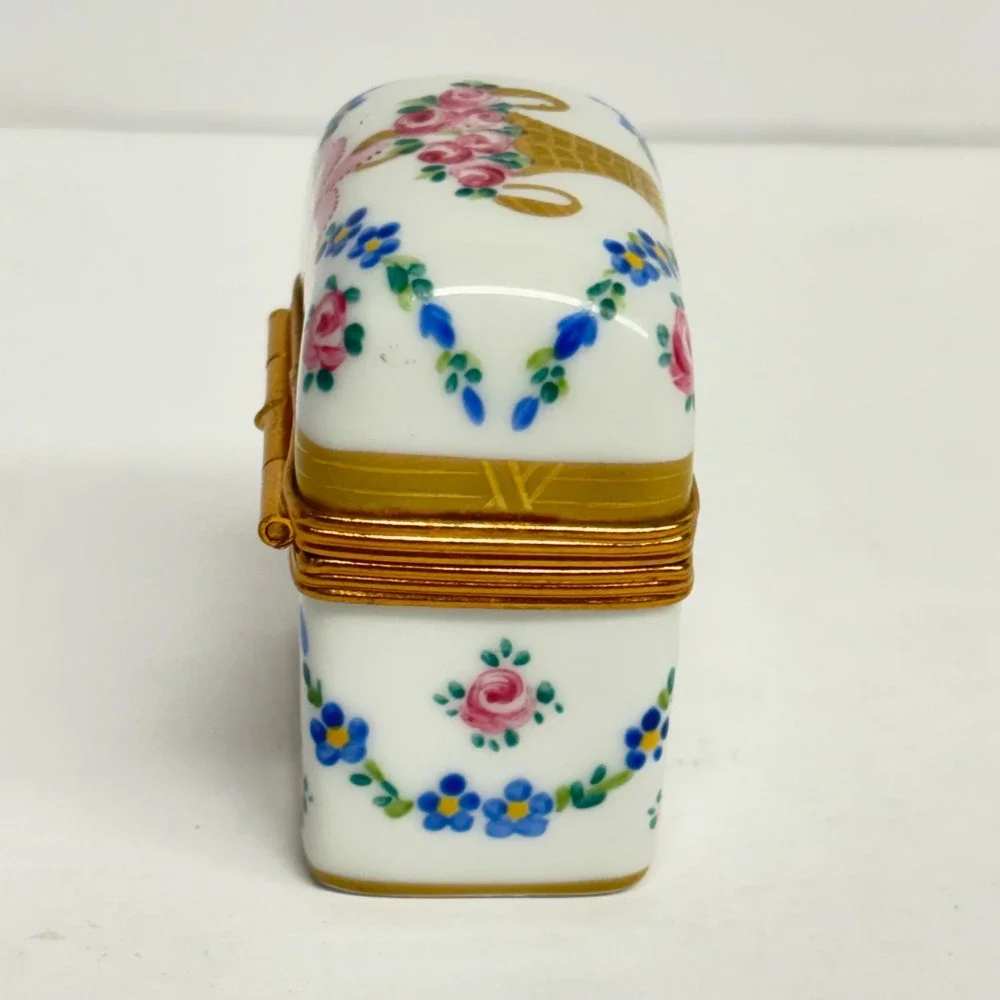 Vintage Limoges Trinket Box Two Glass Bottles Hand Painted Floral Porcelain